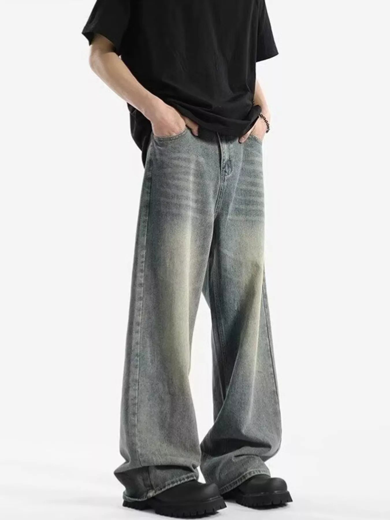 Retro Blue wide leg jeans men plus size vintage denim S-2XL
