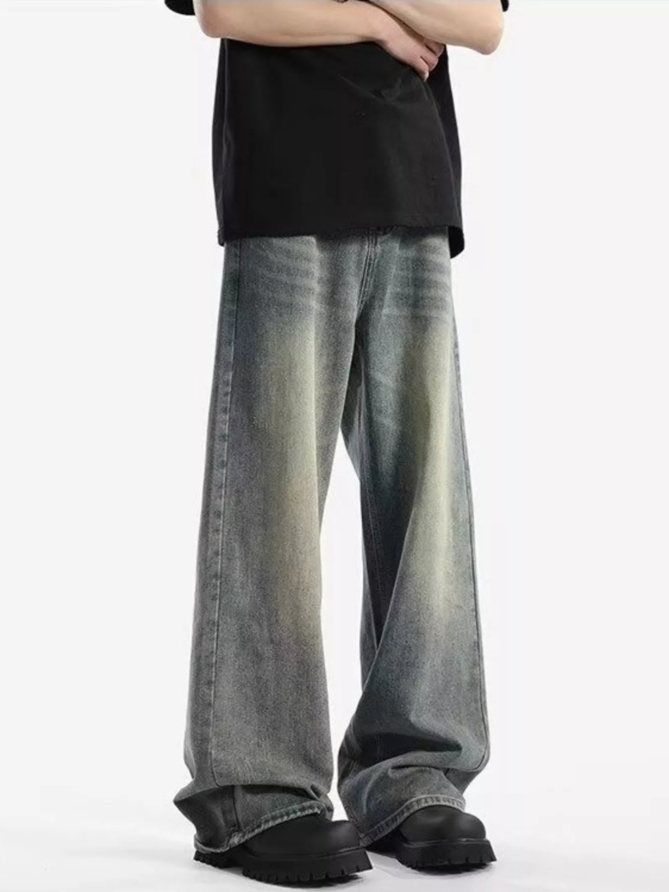 Retro Blue wide leg jeans men plus size vintage denim S-2XL