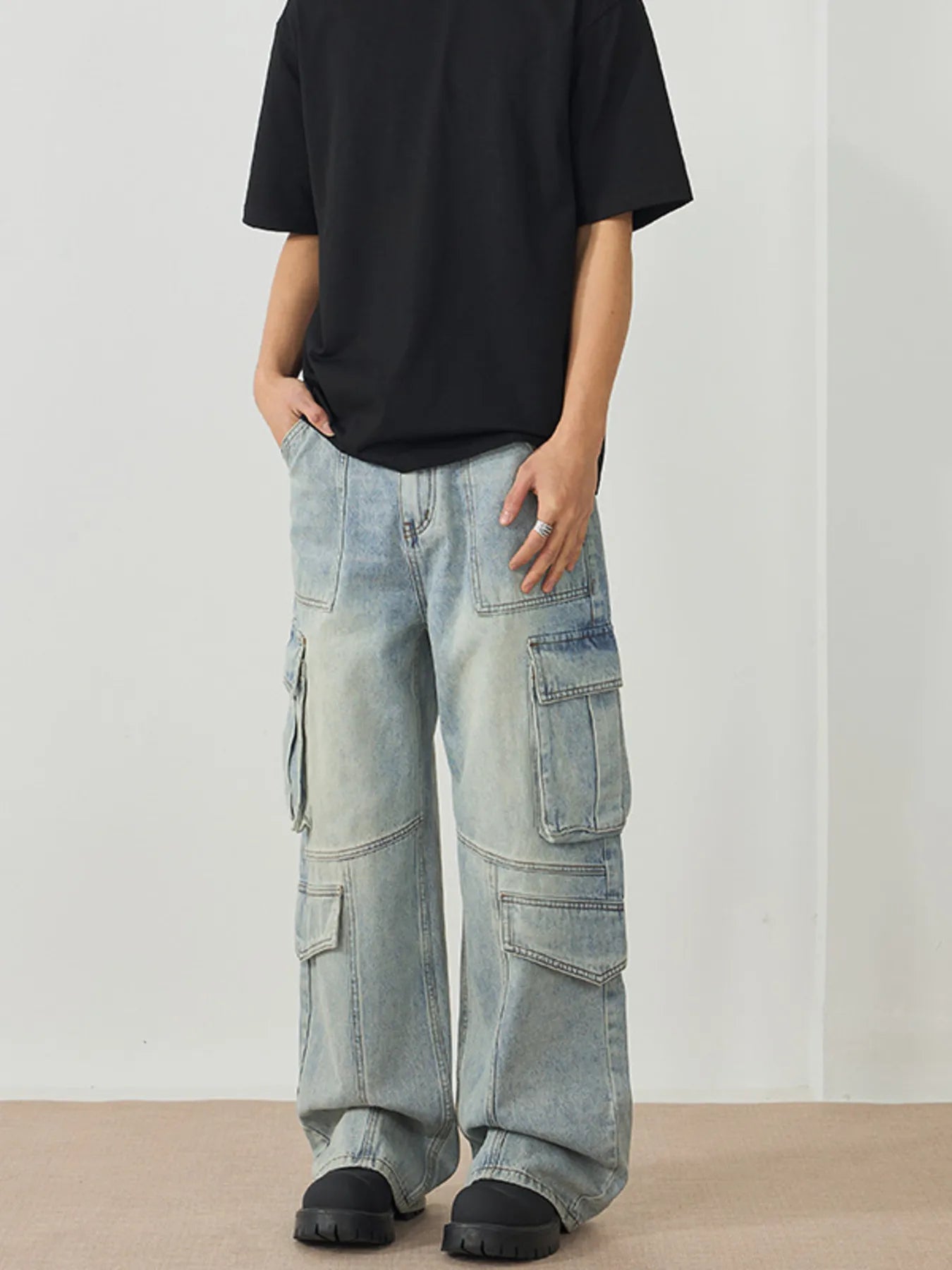 Straight leg jeans men oversized washed cargo denim XS-XL