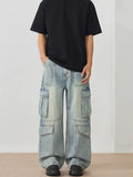 Straight leg jeans men oversized washed cargo denim XS-XL
