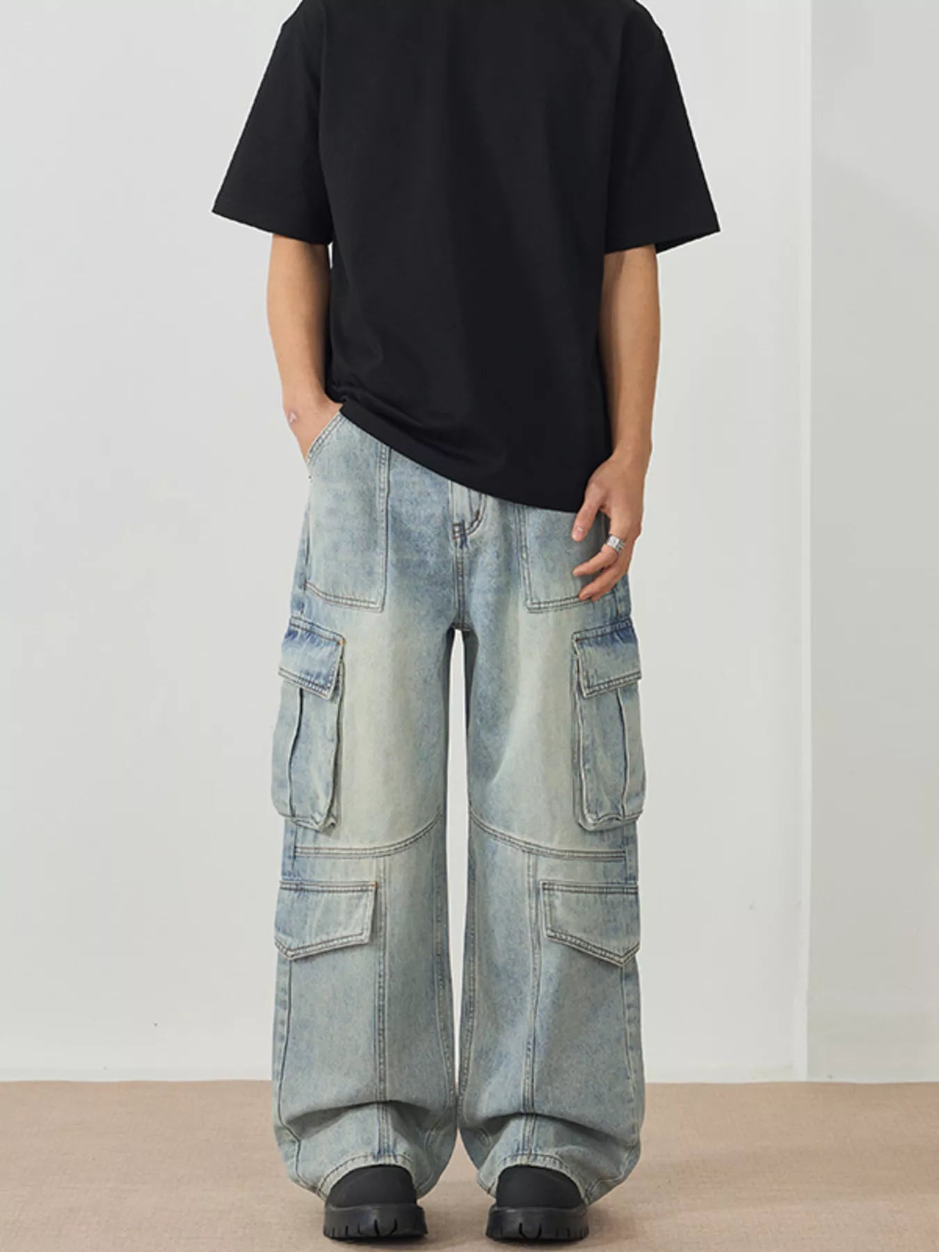 Straight leg jeans men oversized washed cargo denim XS-XL
