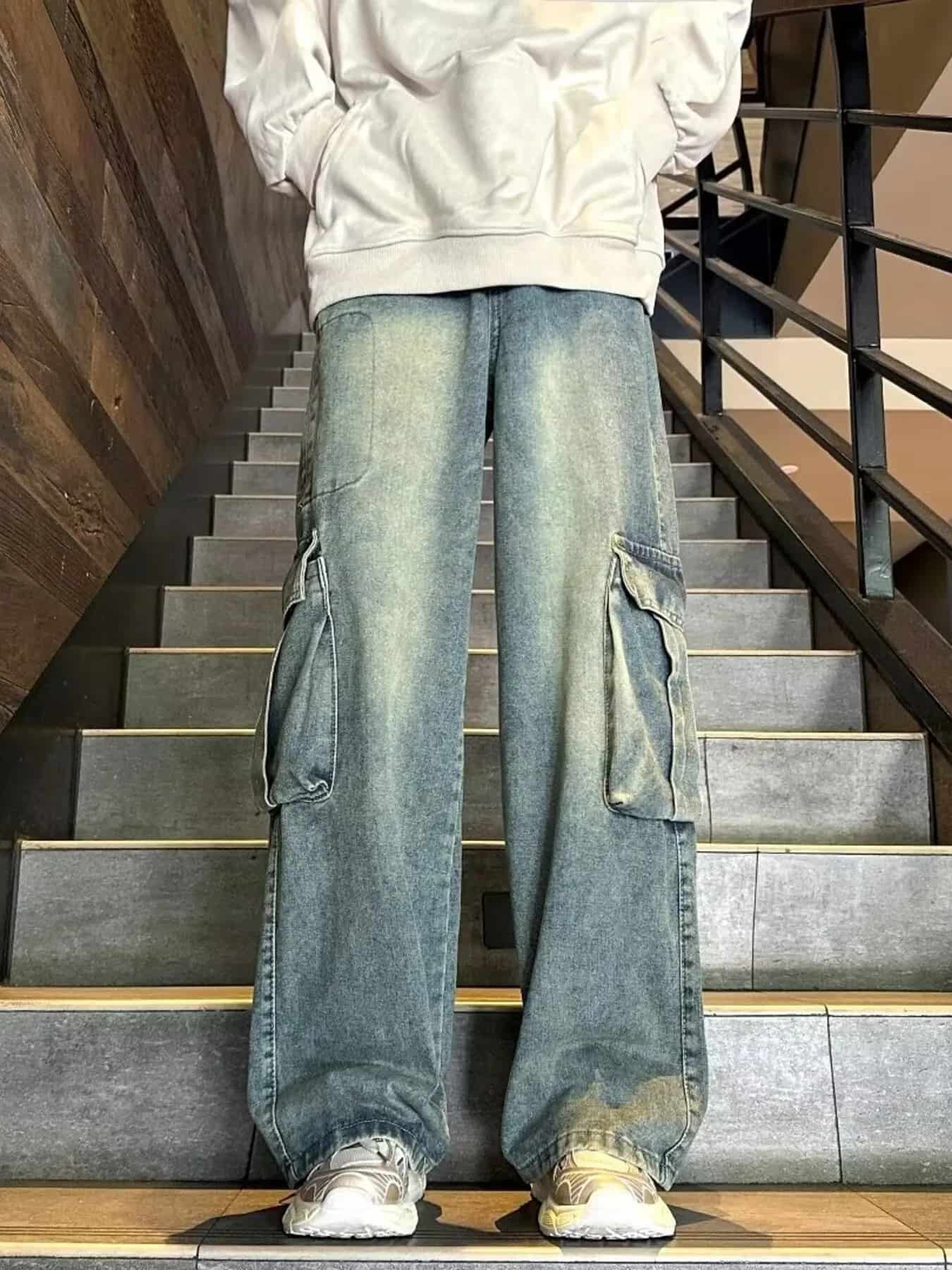 Vintage cargo jeans mens wide leg utility denim S-2XL