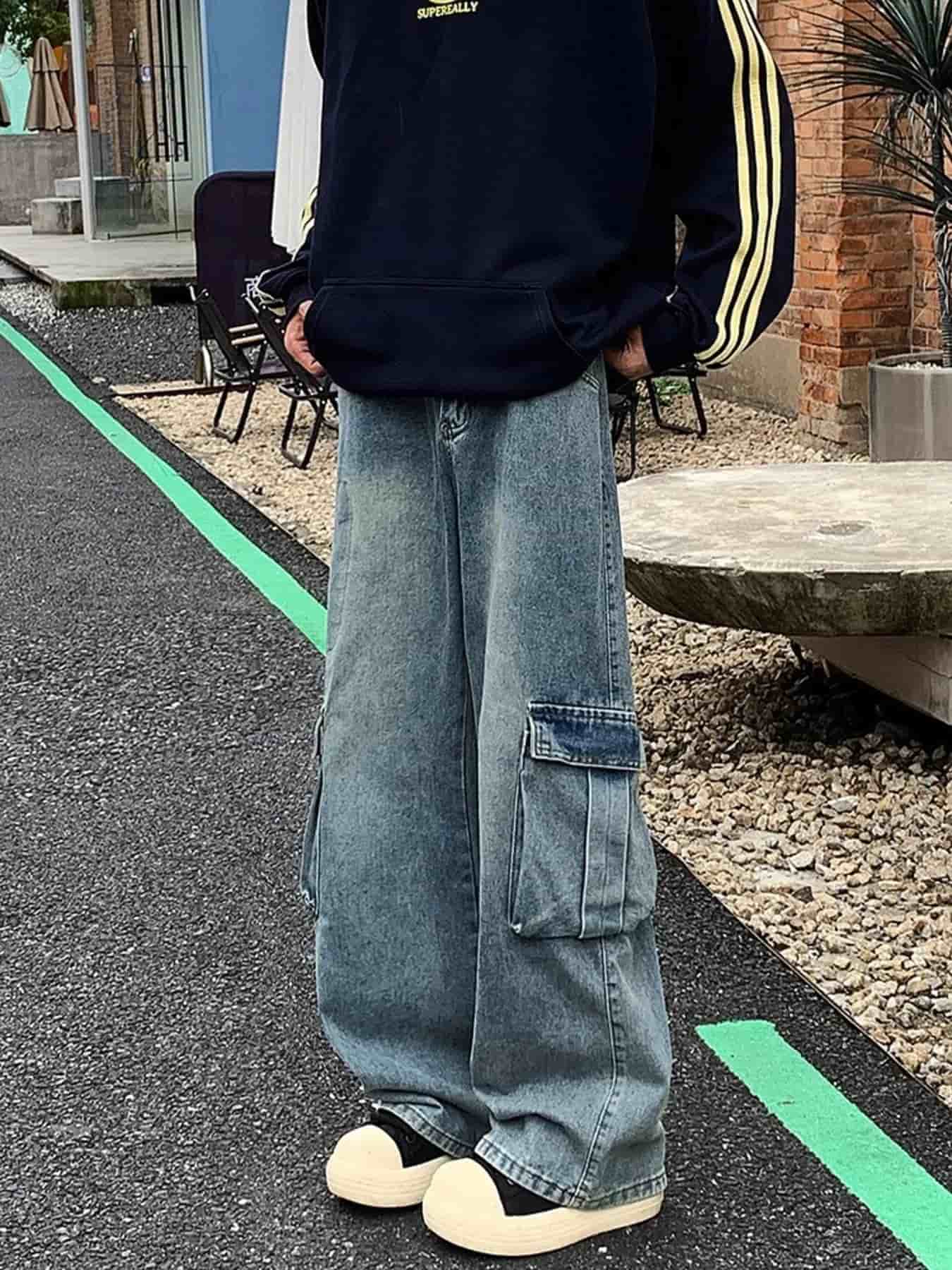 Vintage cargo jeans men plus size distressed wide leg denim S-2XL