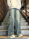 Vintage cargo jeans mens wide leg utility denim S-2XL