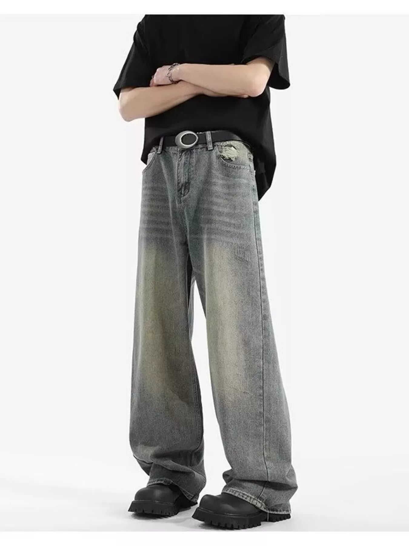 Retro Blue wide leg jeans men plus size vintage denim S-2XL