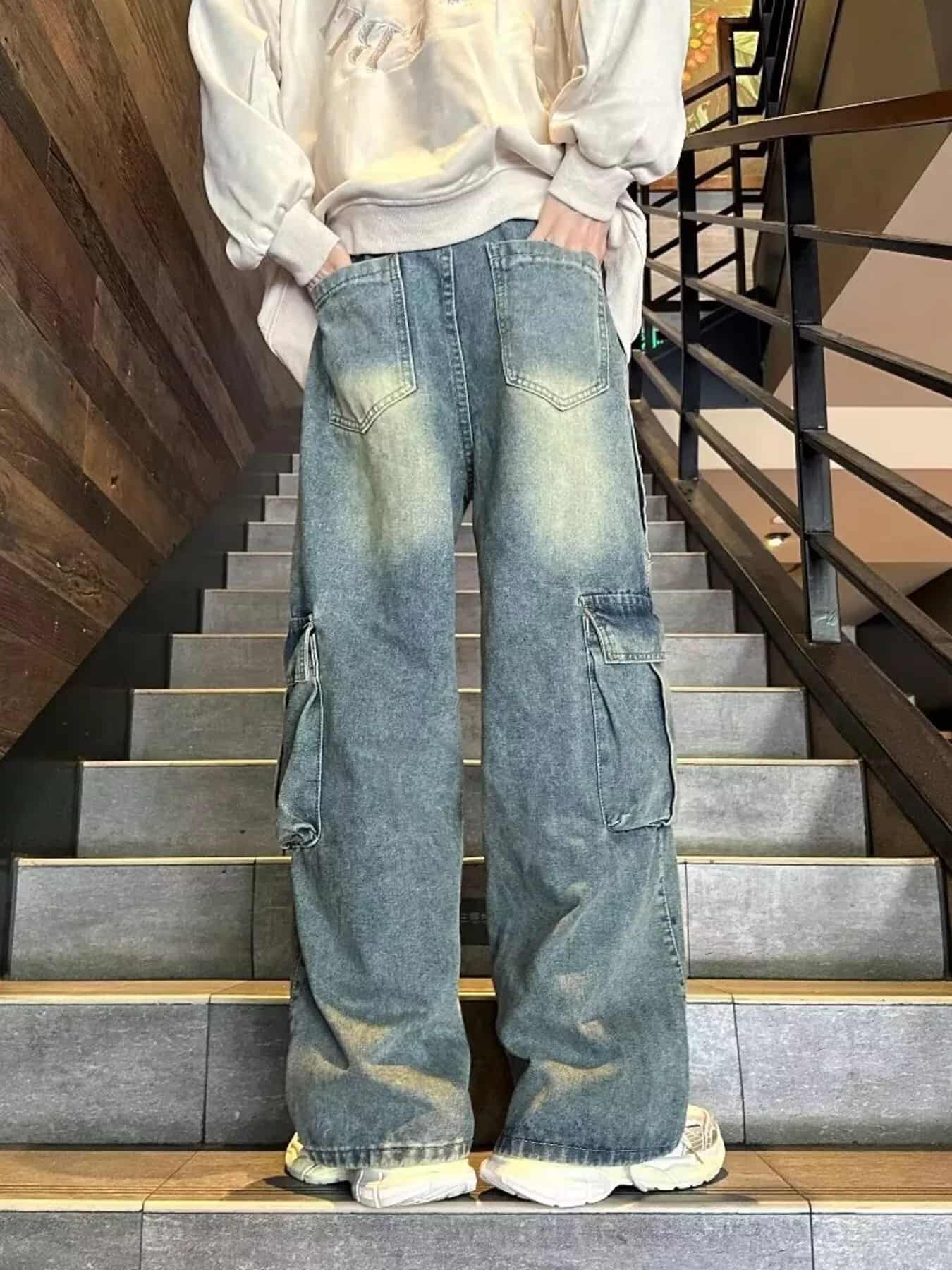 Vintage cargo jeans mens wide leg utility denim S-2XL