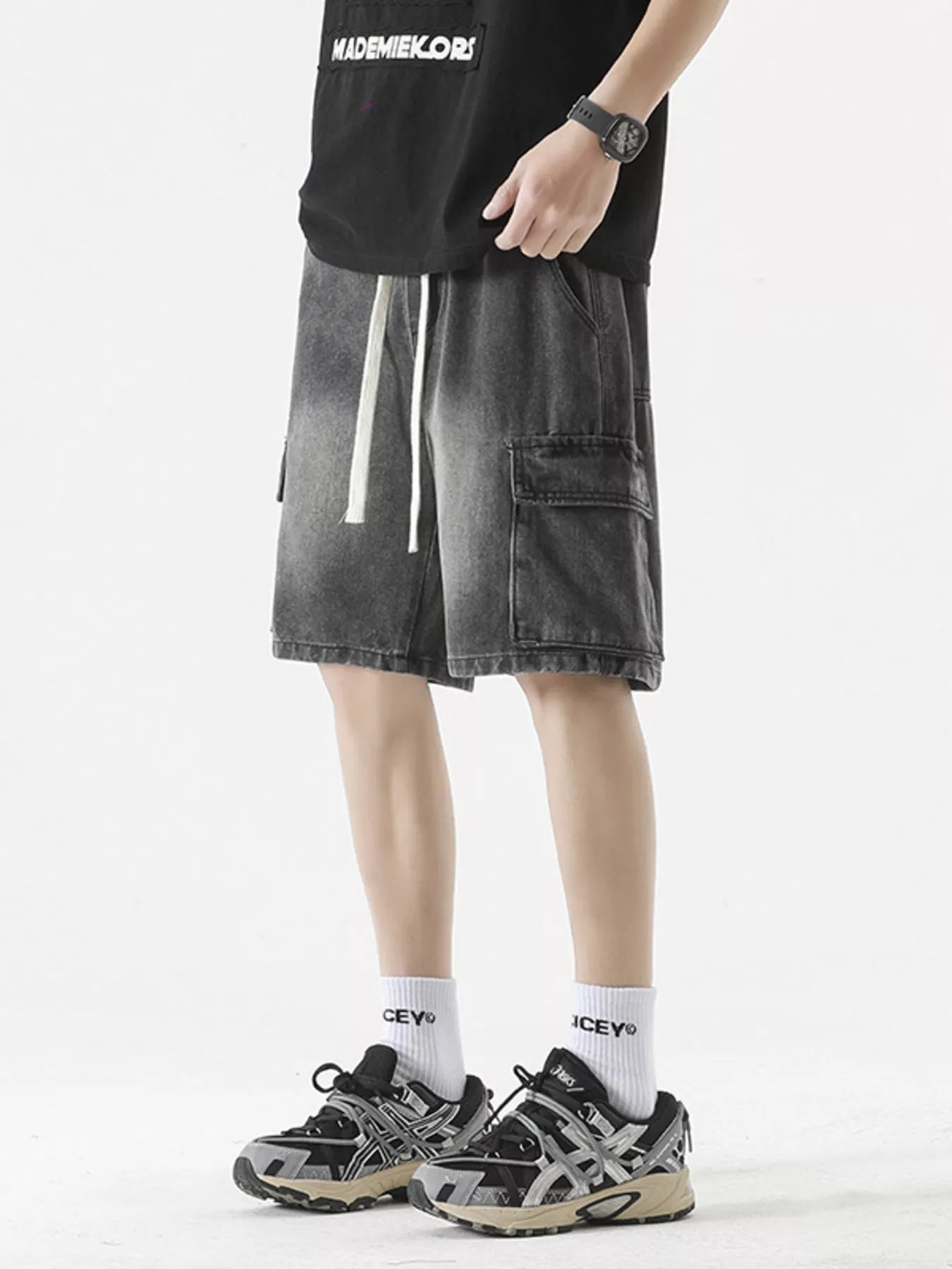 Premium cargo denim shorts for men vintage wash plus size S-3XL