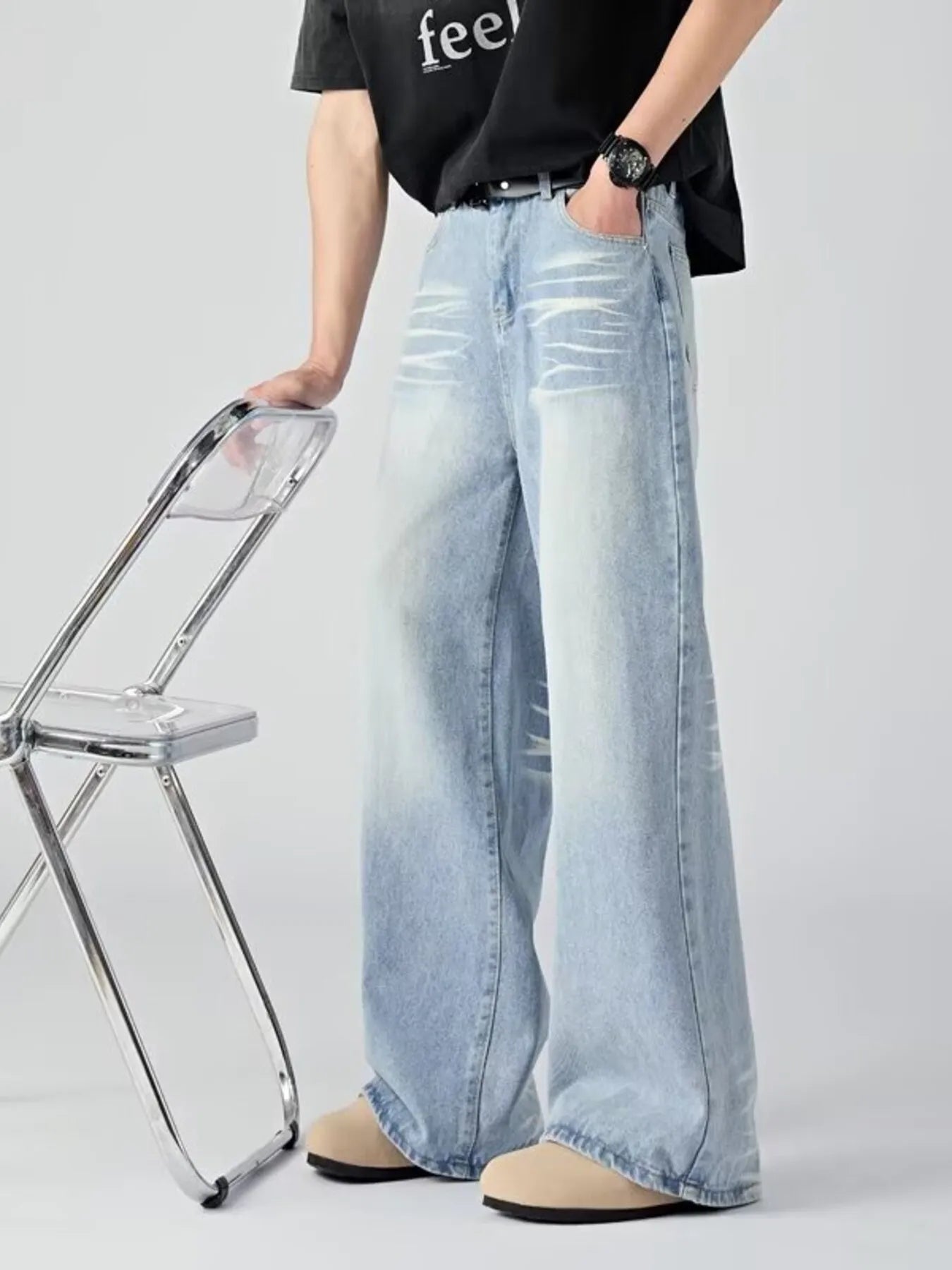 Vintage wash jeans Essential Blue men's wide leg plus size M-3XL