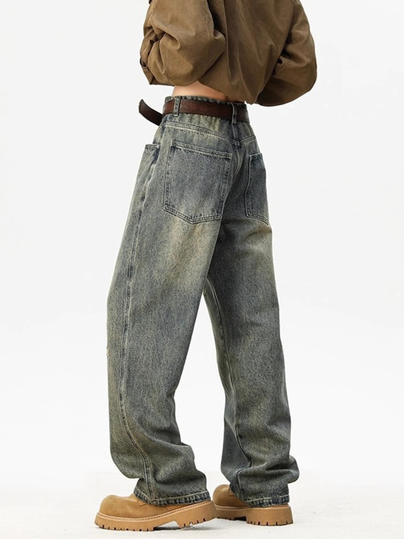 Plus size wide leg jeans washed distressed denim S-2XL