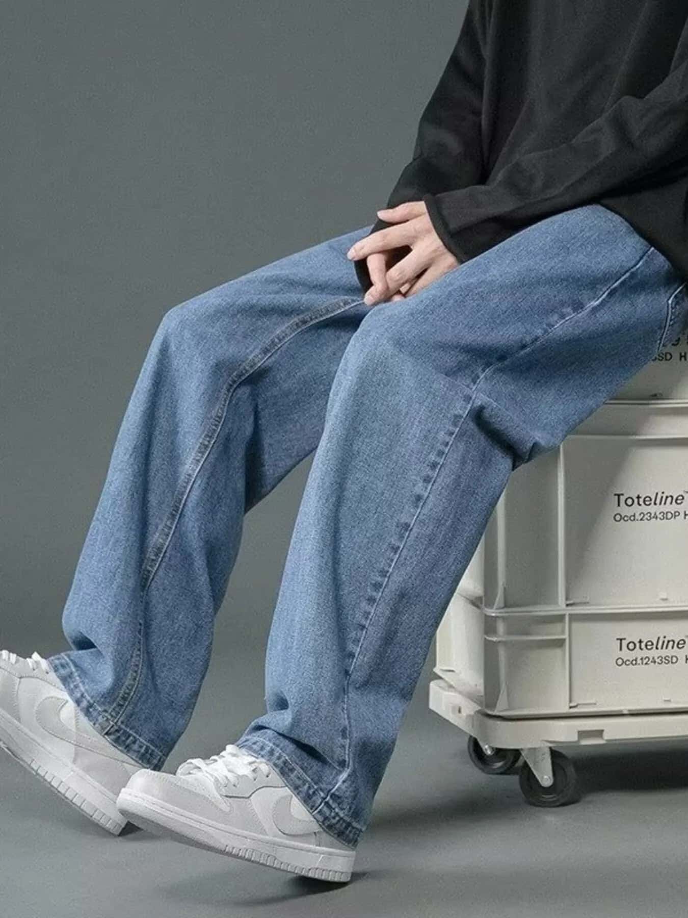 High waist straight leg jeans men's plus size washed denim S-5XL