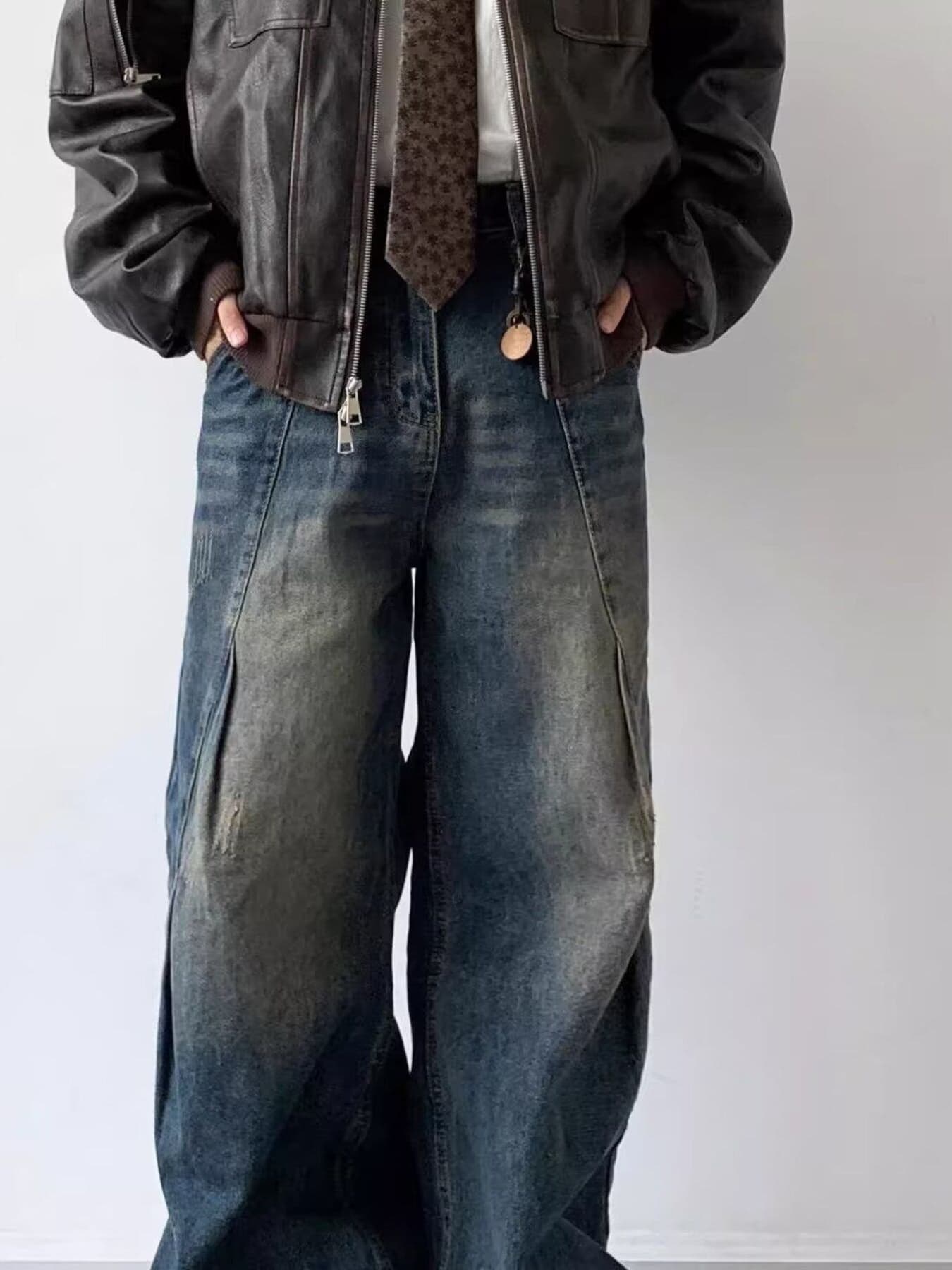 Wide leg blue jeans classic blue vintage wash plus size S-2XL