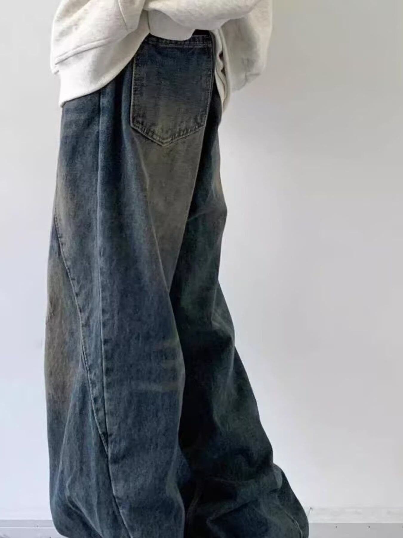 Wide leg blue jeans classic blue vintage wash plus size S-2XL
