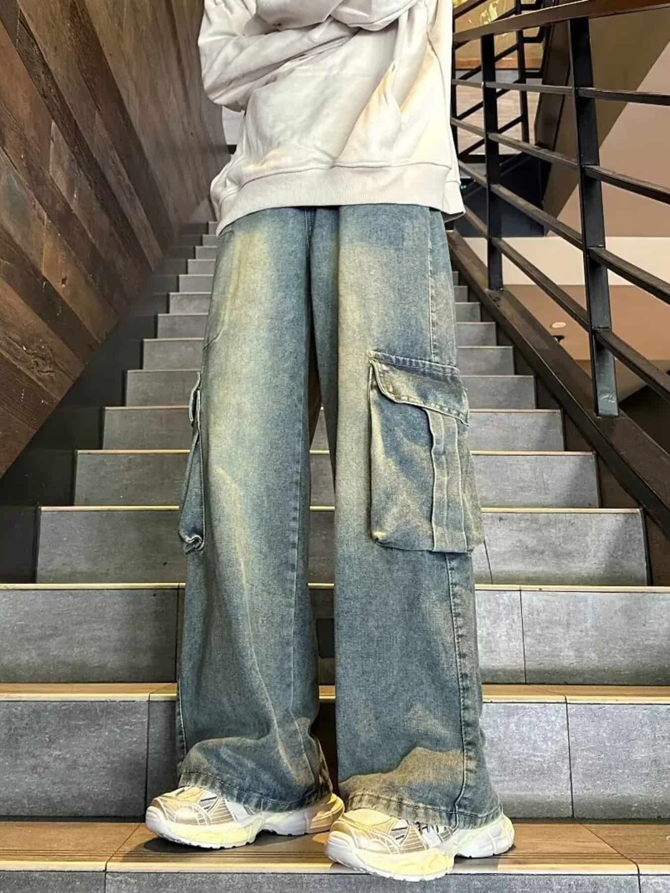 Vintage cargo jeans mens wide leg utility denim S-2XL