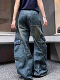 Wide leg cargo jeans men's vintage wash pocketed S-2XL