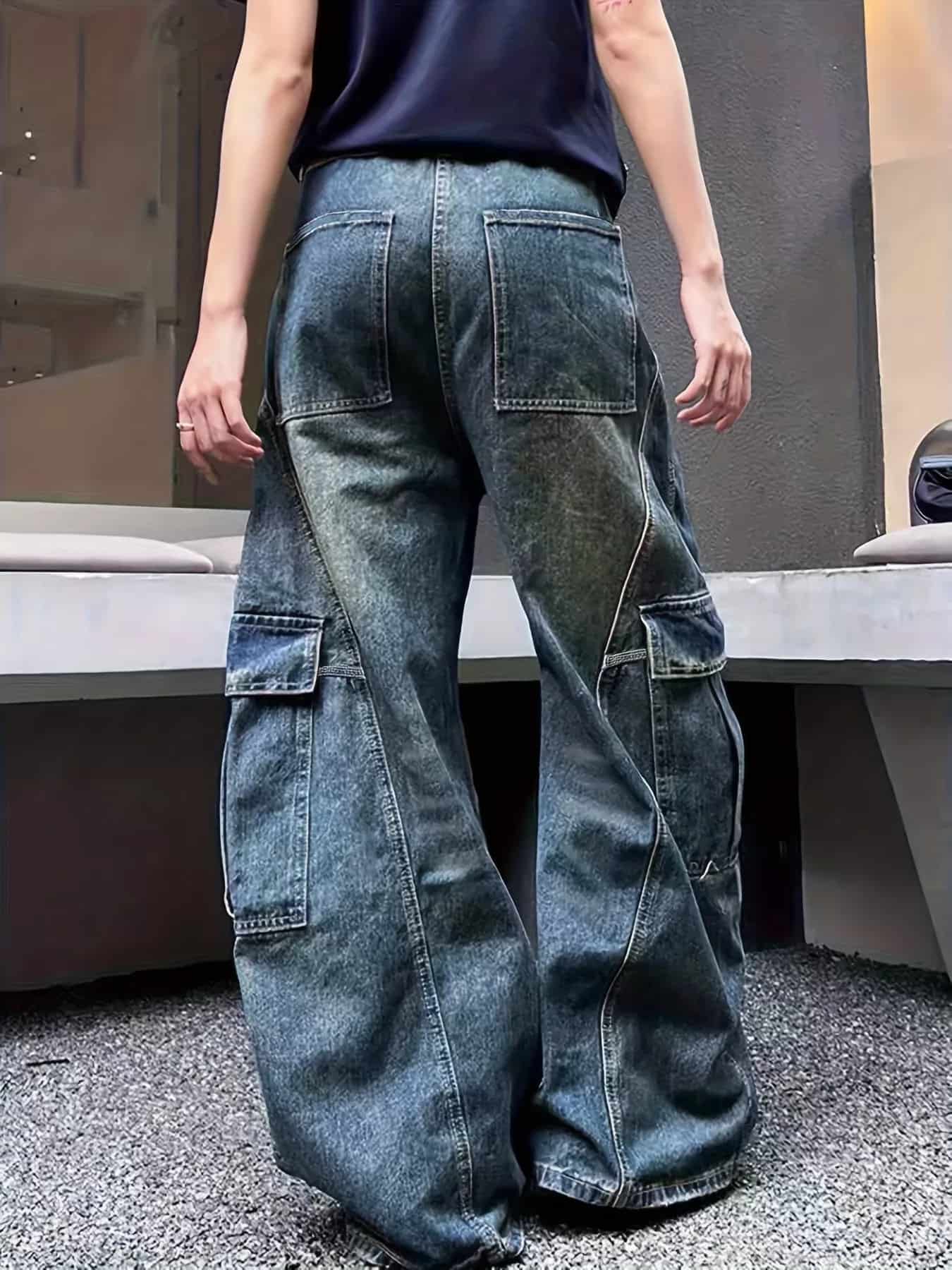 Wide leg cargo jeans men's vintage wash pocketed S-2XL