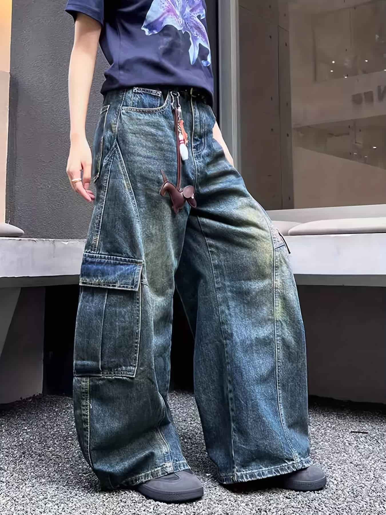 Wide leg cargo jeans men's vintage wash pocketed S-2XL