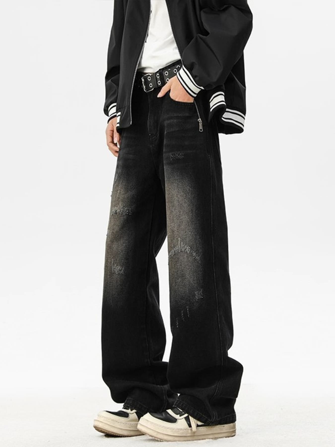 Plus size wide leg jeans washed distressed denim S-2XL