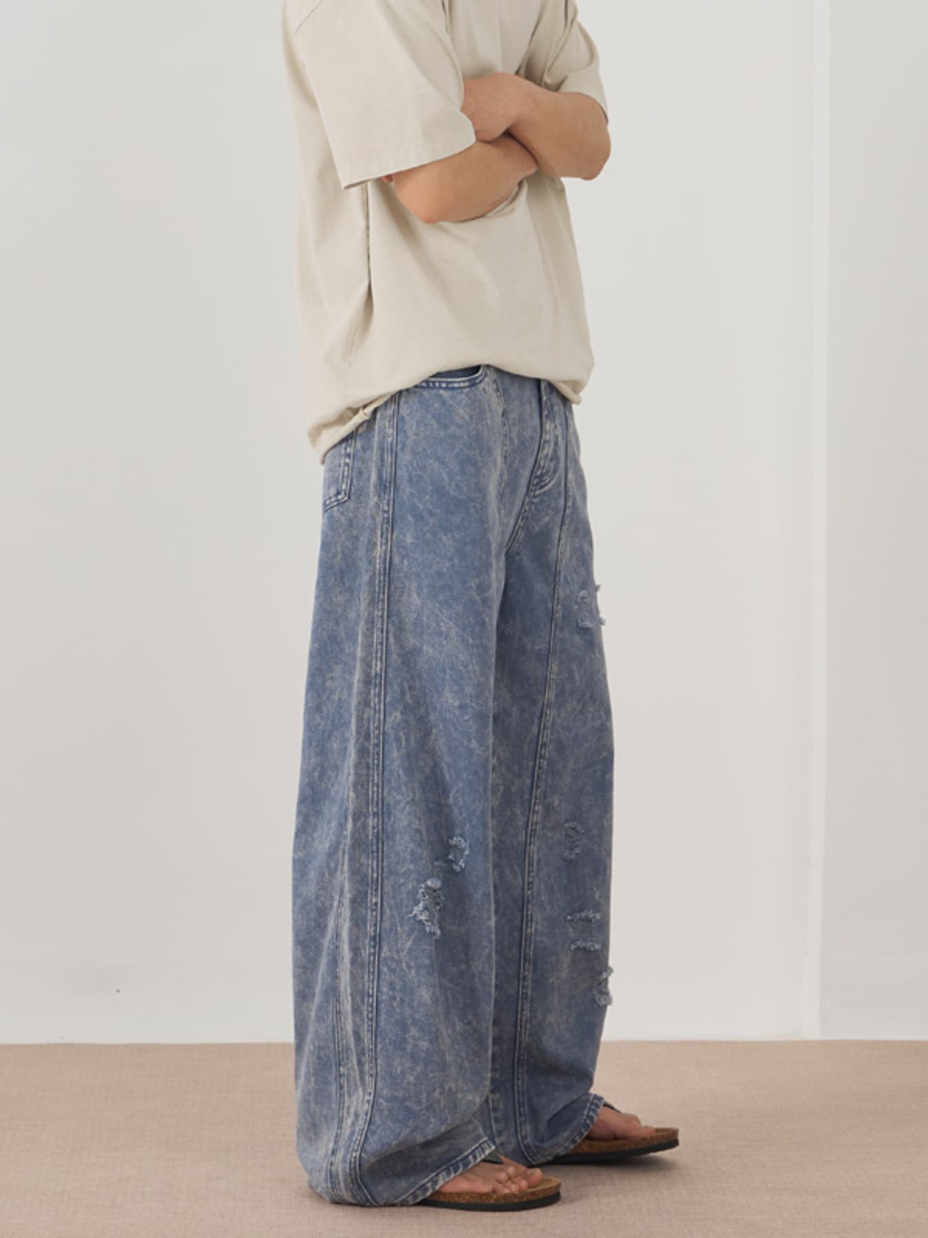 wide leg jeans men distressed 100% cotton denim XS-XL