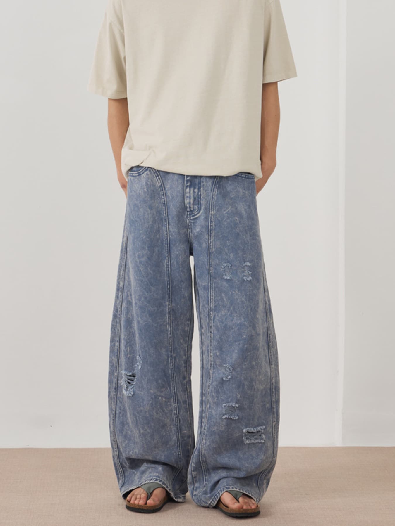 wide leg jeans men distressed 100% cotton denim XS-XL