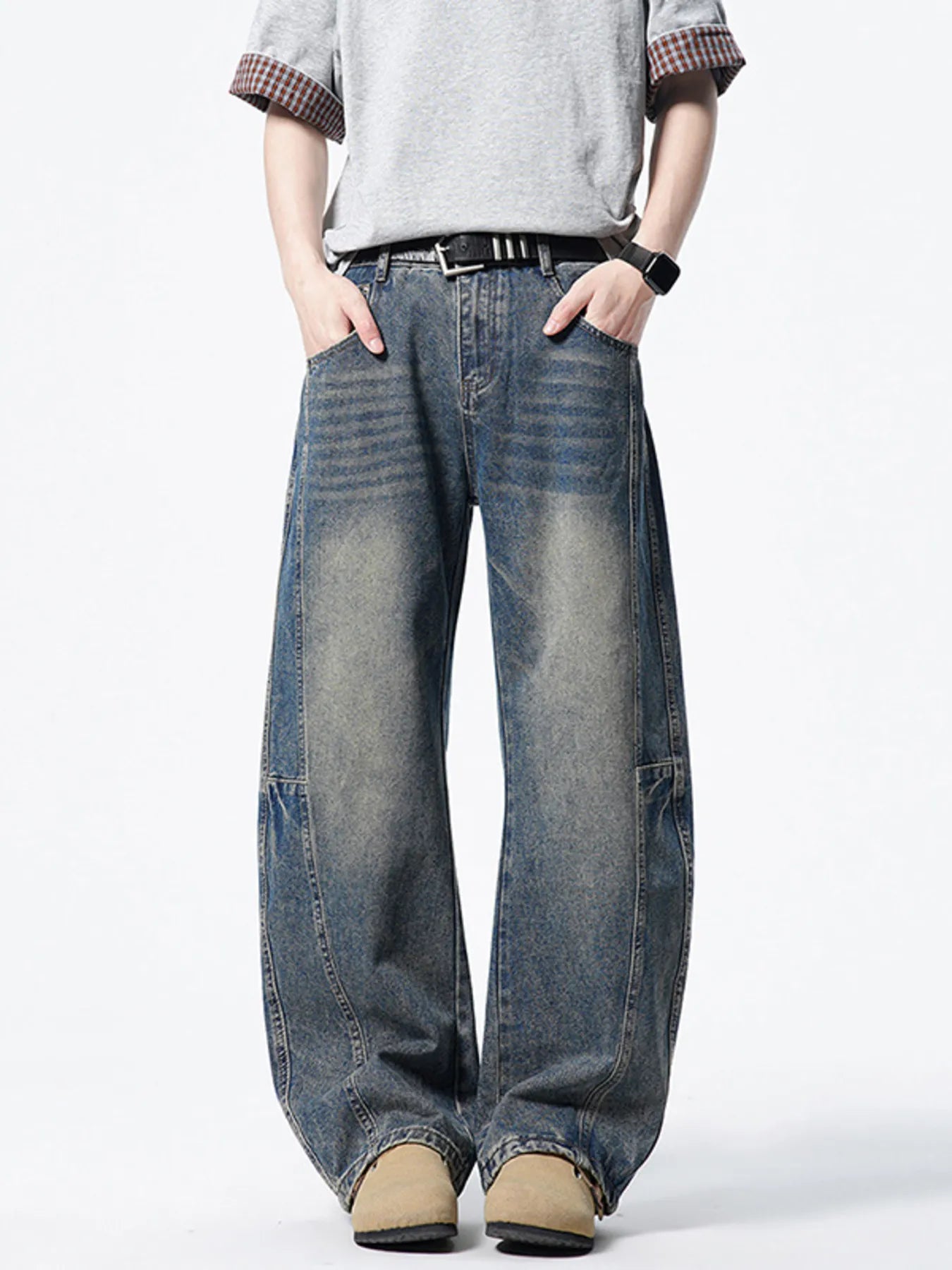 Wide leg lightweight jeans men's vintage dark light wash denim S-2XL