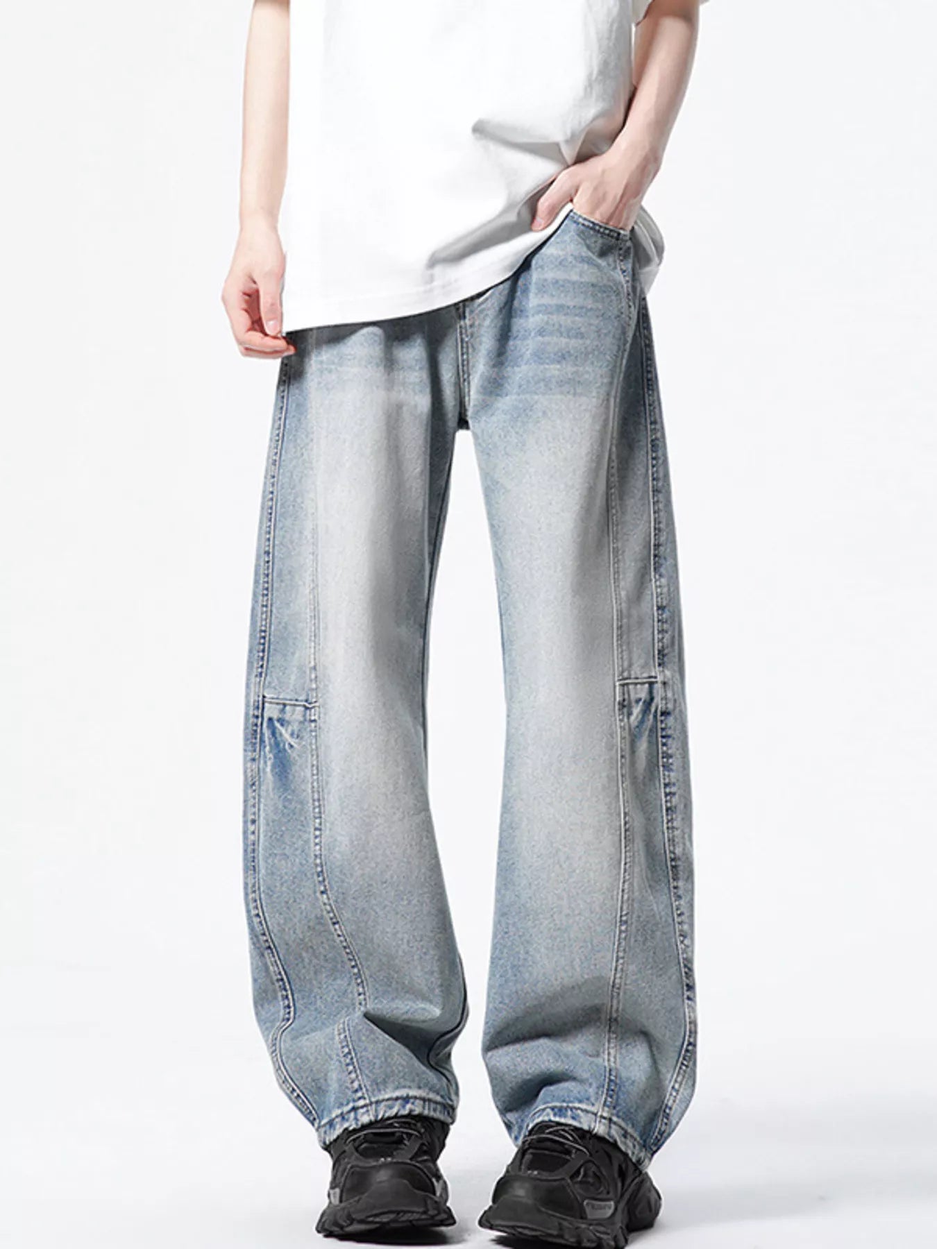 Wide leg lightweight jeans men's vintage dark light wash denim S-2XL
