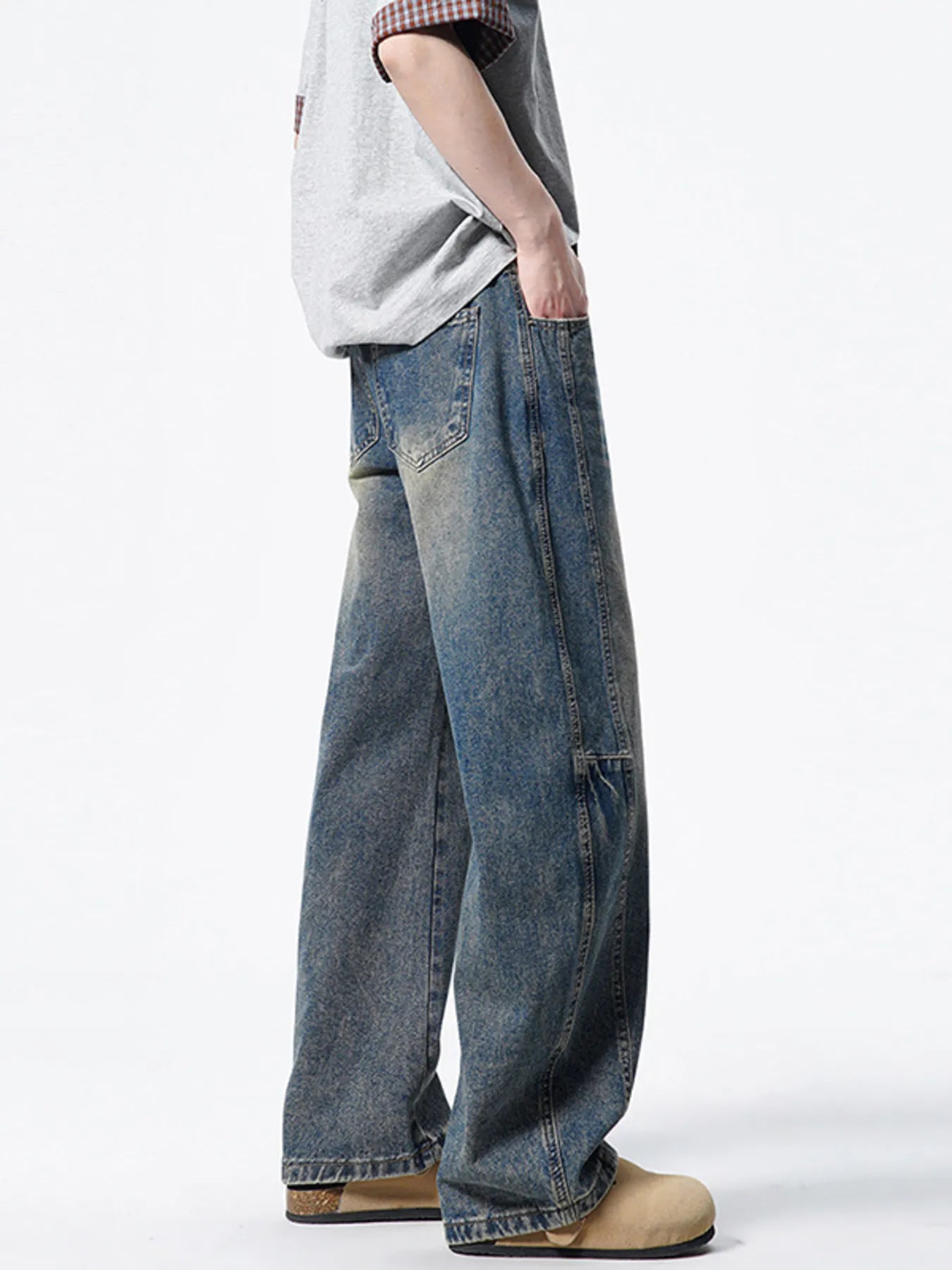 Wide leg lightweight jeans men's vintage dark light wash denim S-2XL