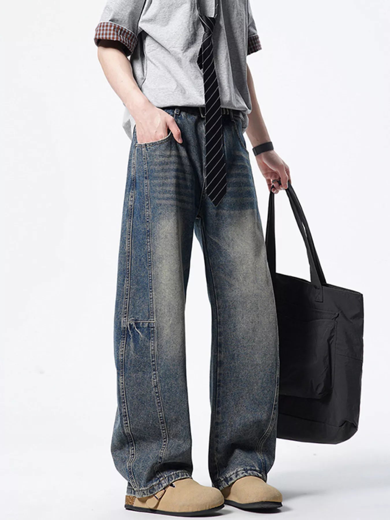 Wide leg lightweight jeans men's vintage dark light wash denim S-2XL