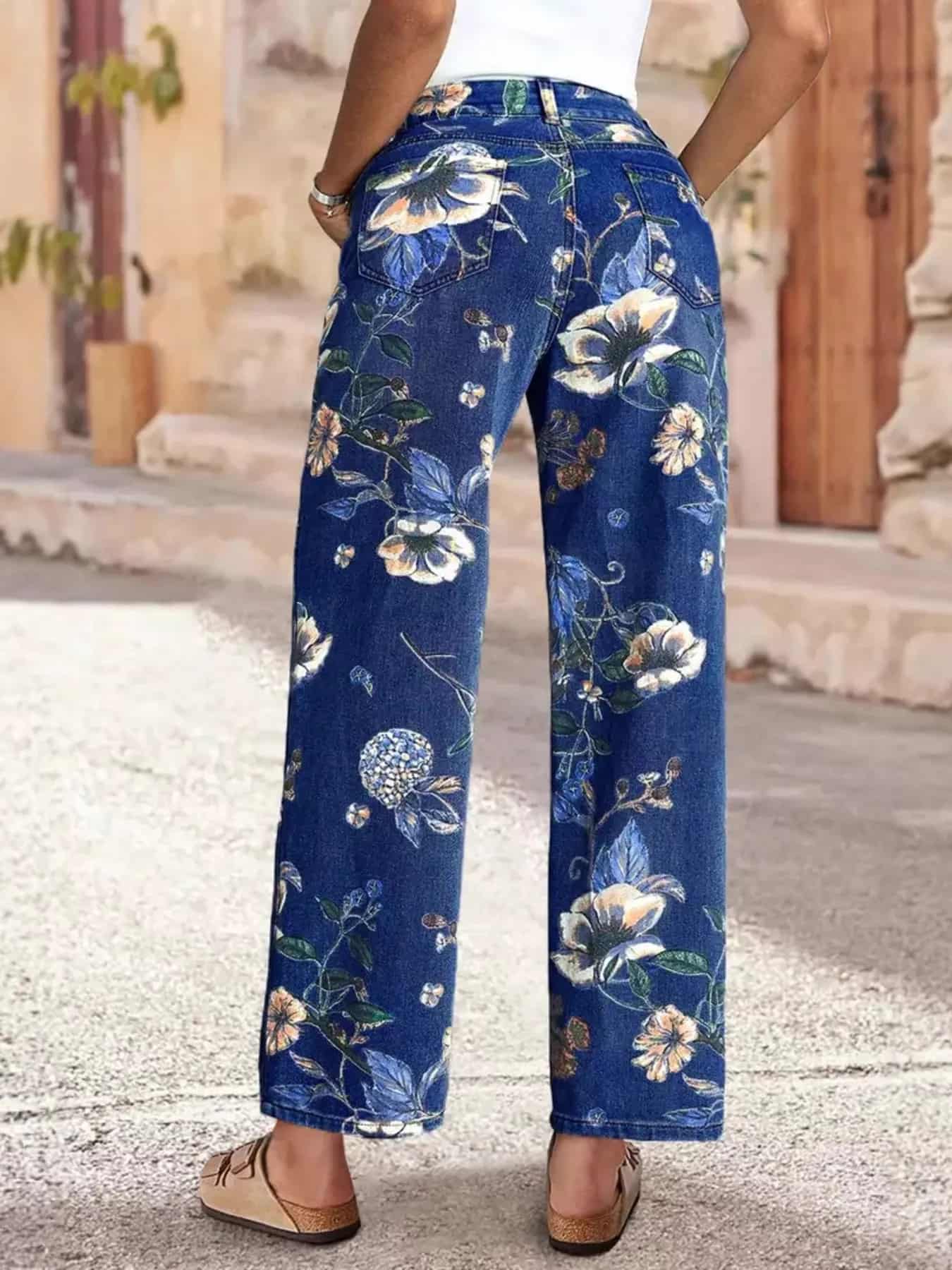 Floral jeans womens pocketed wide leg denim