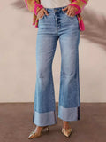 Women's high rise flare jeans distressed cotton denim