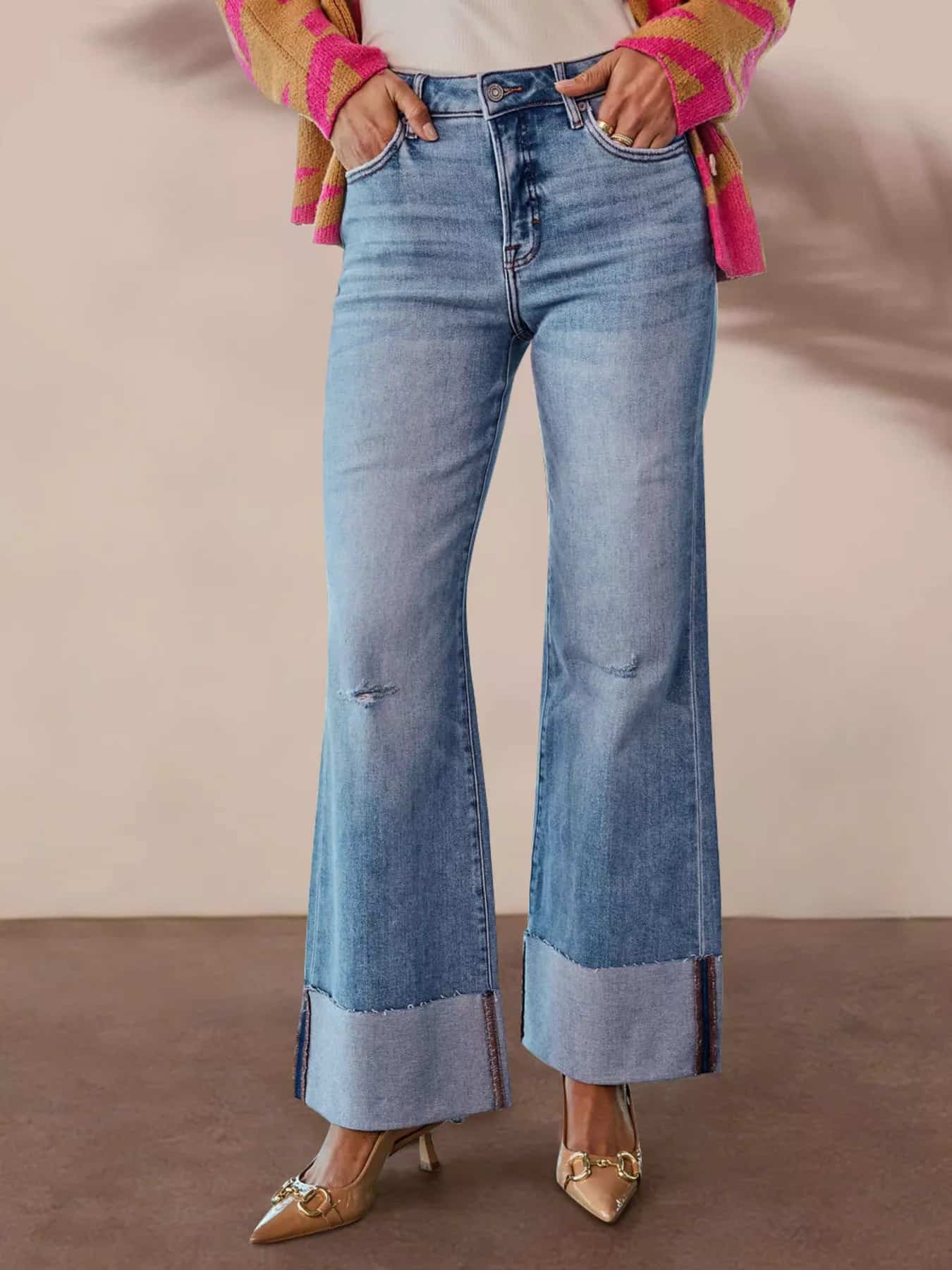 Women's high rise flare jeans distressed cotton denim