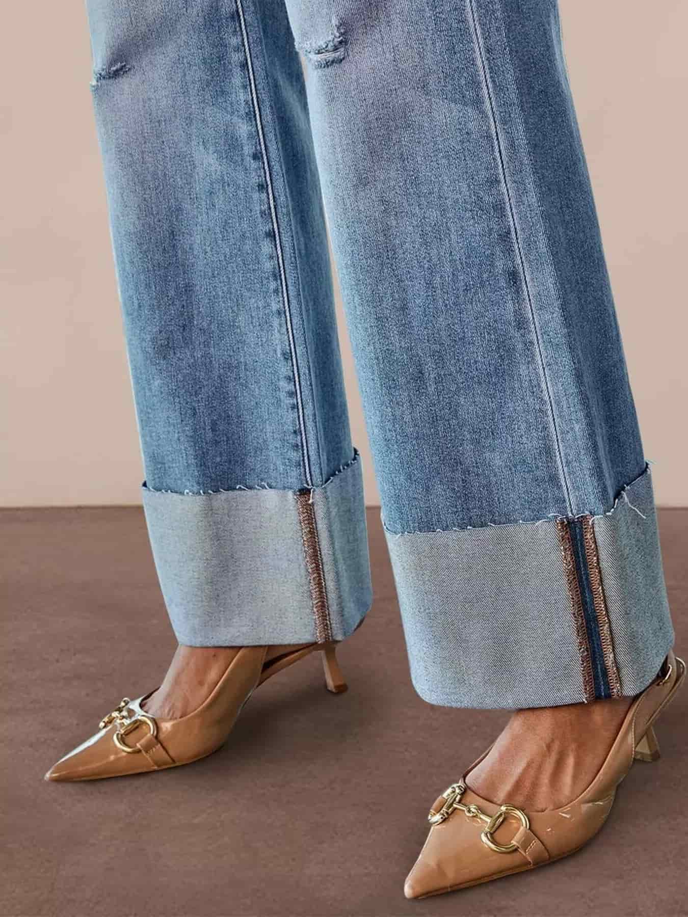 Women's high rise flare jeans distressed cotton denim