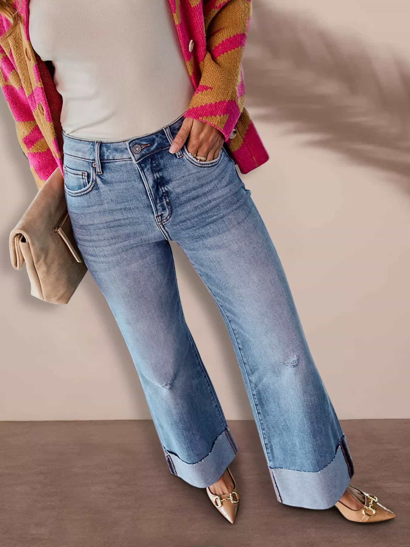 Women's high rise flare jeans distressed cotton denim