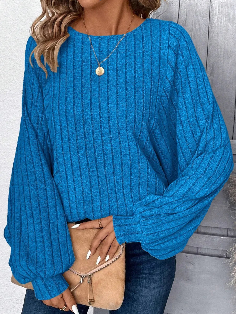 Plus Size Blue Batwing Sleeve Round Neck Top Full Length Relaxed Fit Outfit