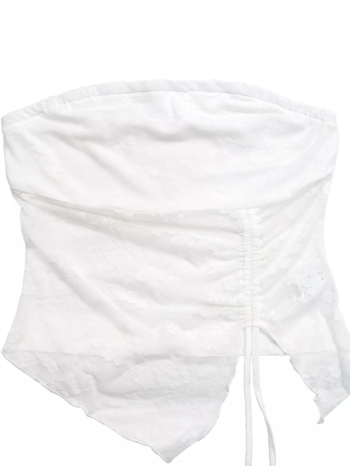 White strapless top with ruched sides on a white background
