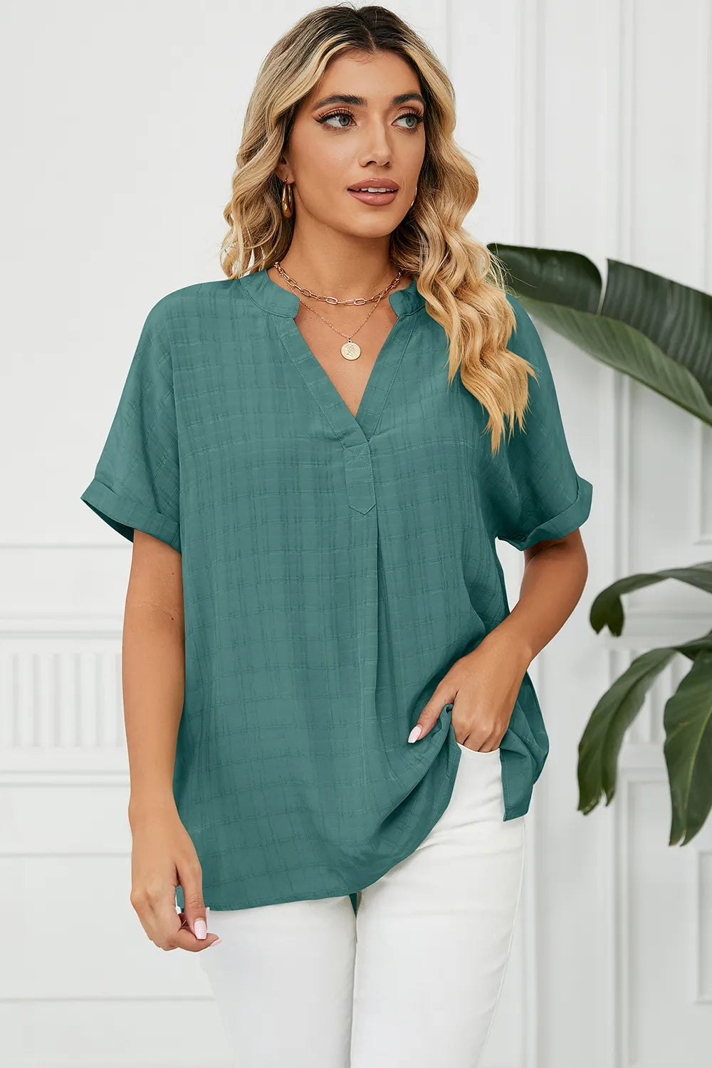 Teal green ruched notched short sleeve blouse front view women's casual loose fit top